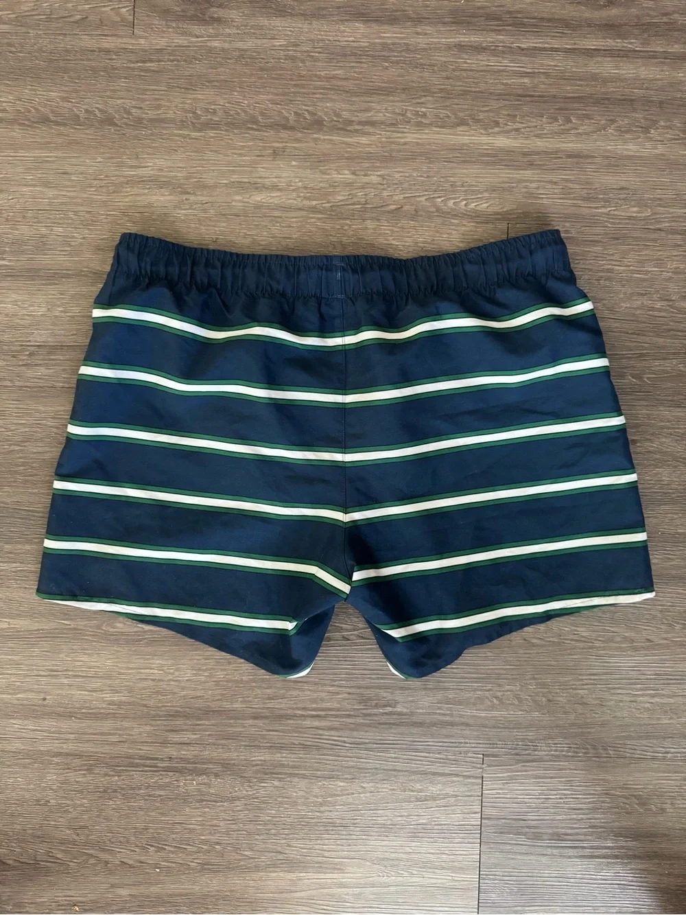 Lacoste Men's Navy Swim Trunks with Green and White Stripes